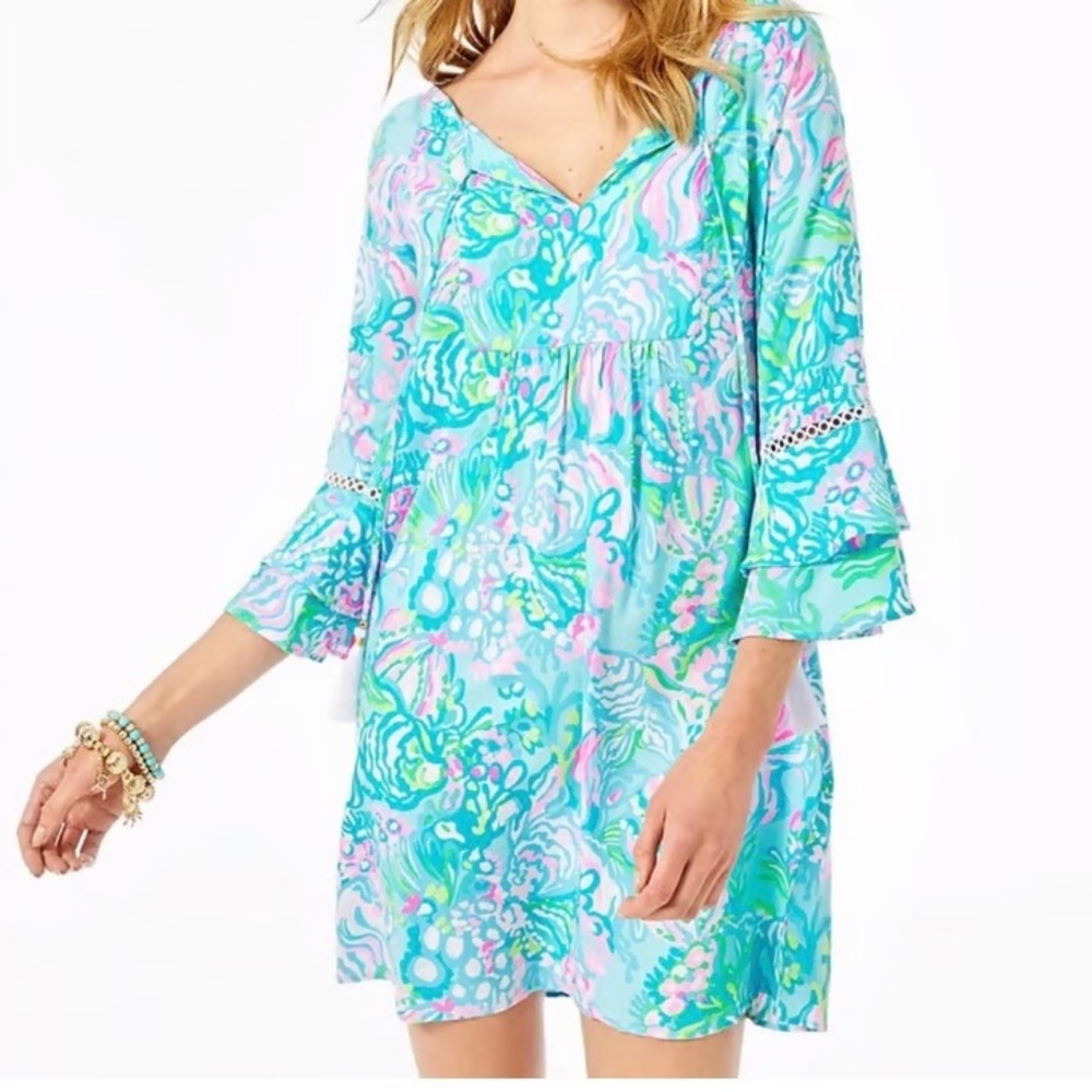 Lilly Pulitzer Azita Tassel Tunic Dress XL Blue 3/4 Flare Sleeves